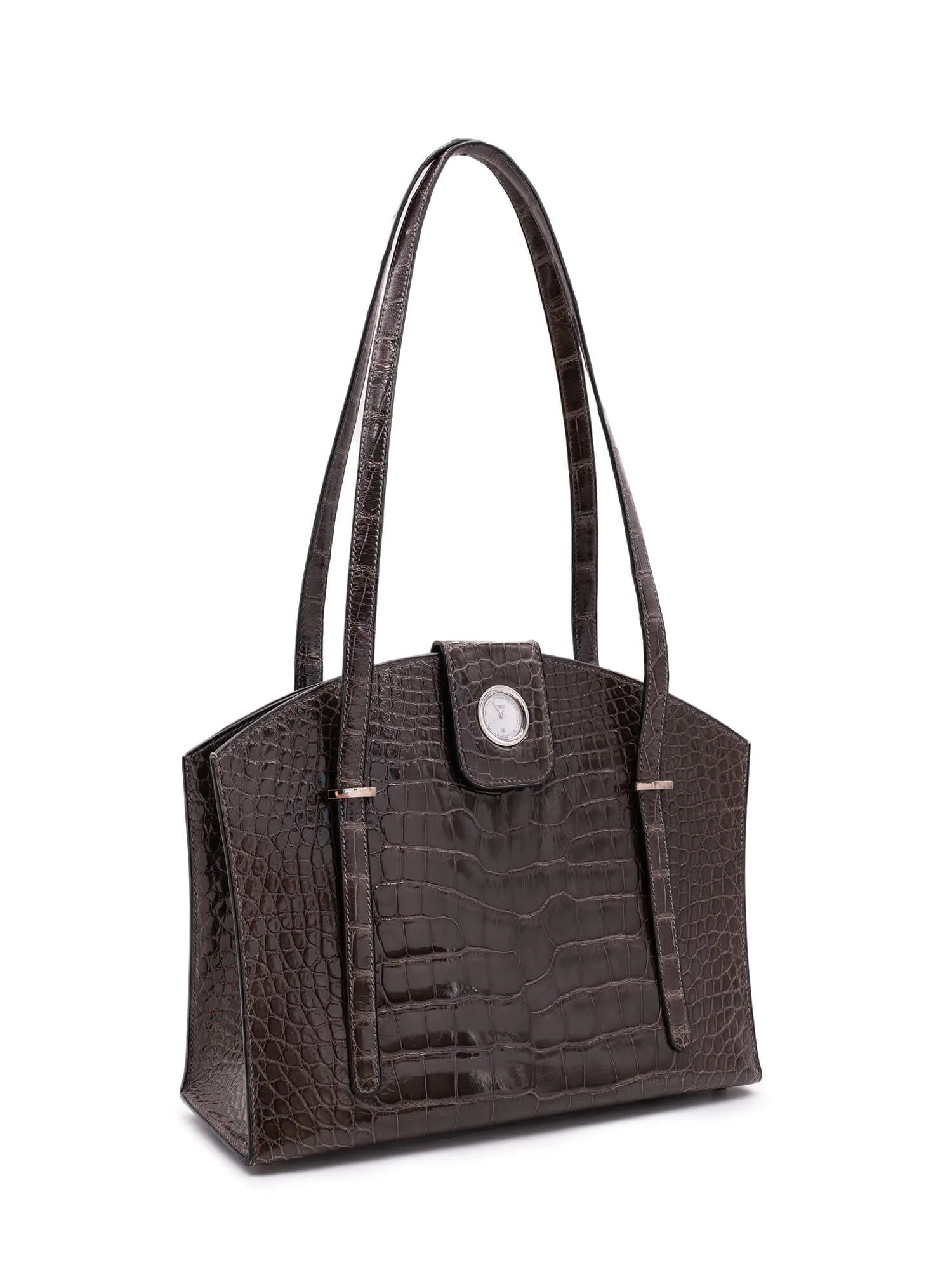 Hermes Shiny Alligator Lyn Clock Shoulder Bag Grey