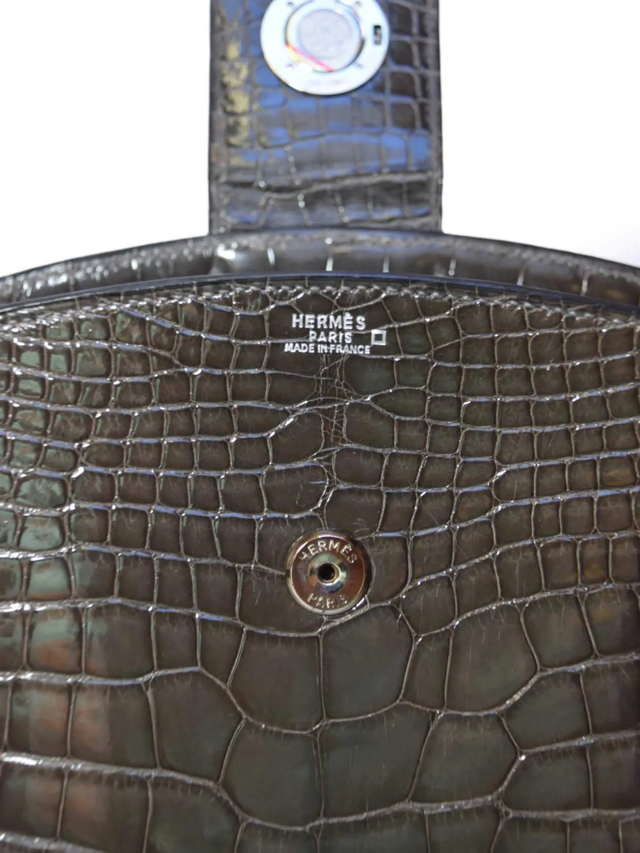 Hermes Shiny Alligator Lyn Clock Shoulder Bag Grey