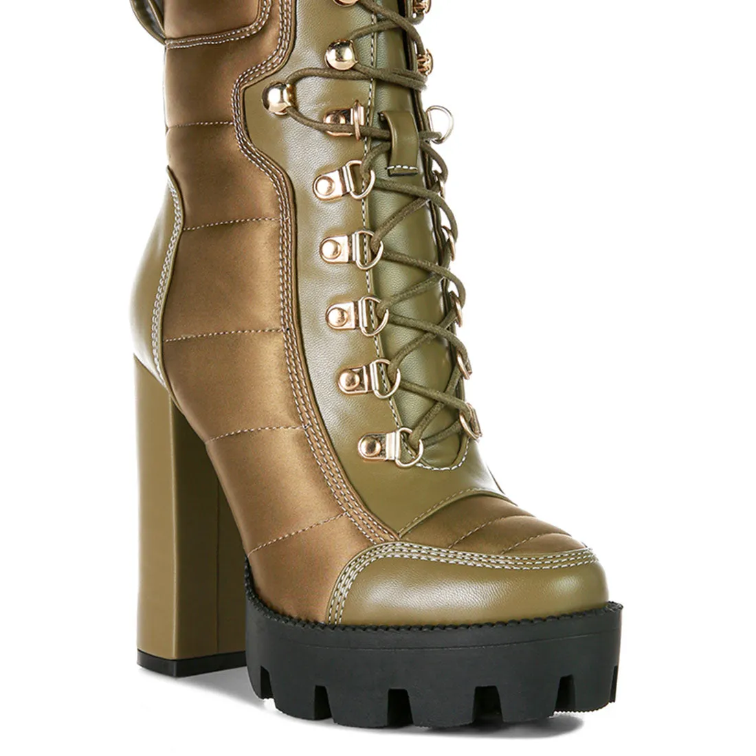 High Heel Quilted Satin Biker Boots