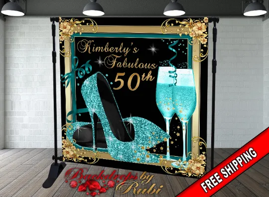 High Heels Backdrop, High Heels Birthday Backdrop, High Heel Shoe Stiletto Backdrop, Fabulous Birthday Backdrop, High Heels Glitter Teal