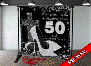 High Heels Cross, Birthday Backdrop, High Heels Silver Backdrop, Birthday Party Background, 50th Birthday Step and Repeat, High Heels Glitter