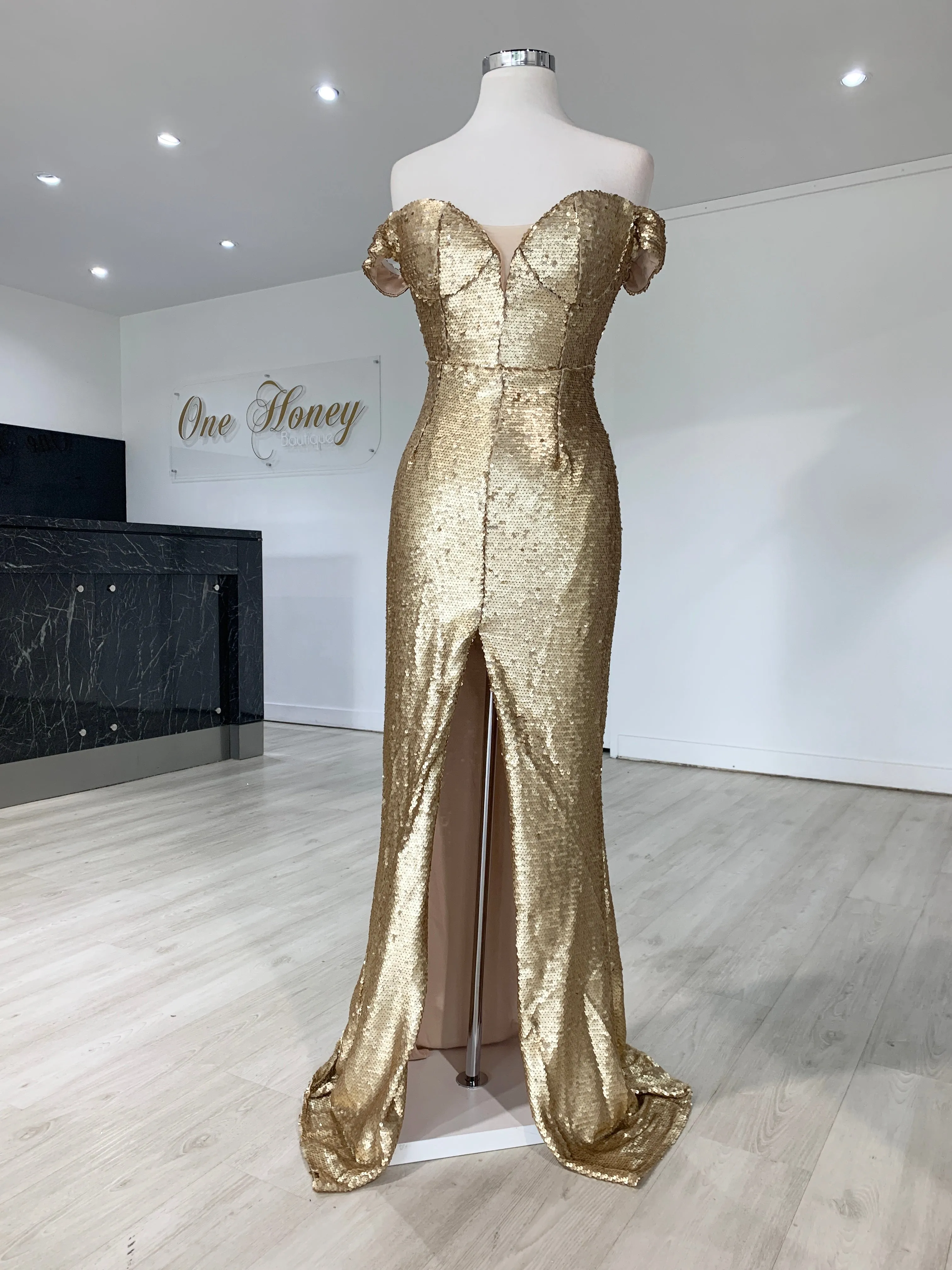 Honey Couture CONTESSA Gold Sequin Off Shoulder Mermaid Formal Dress