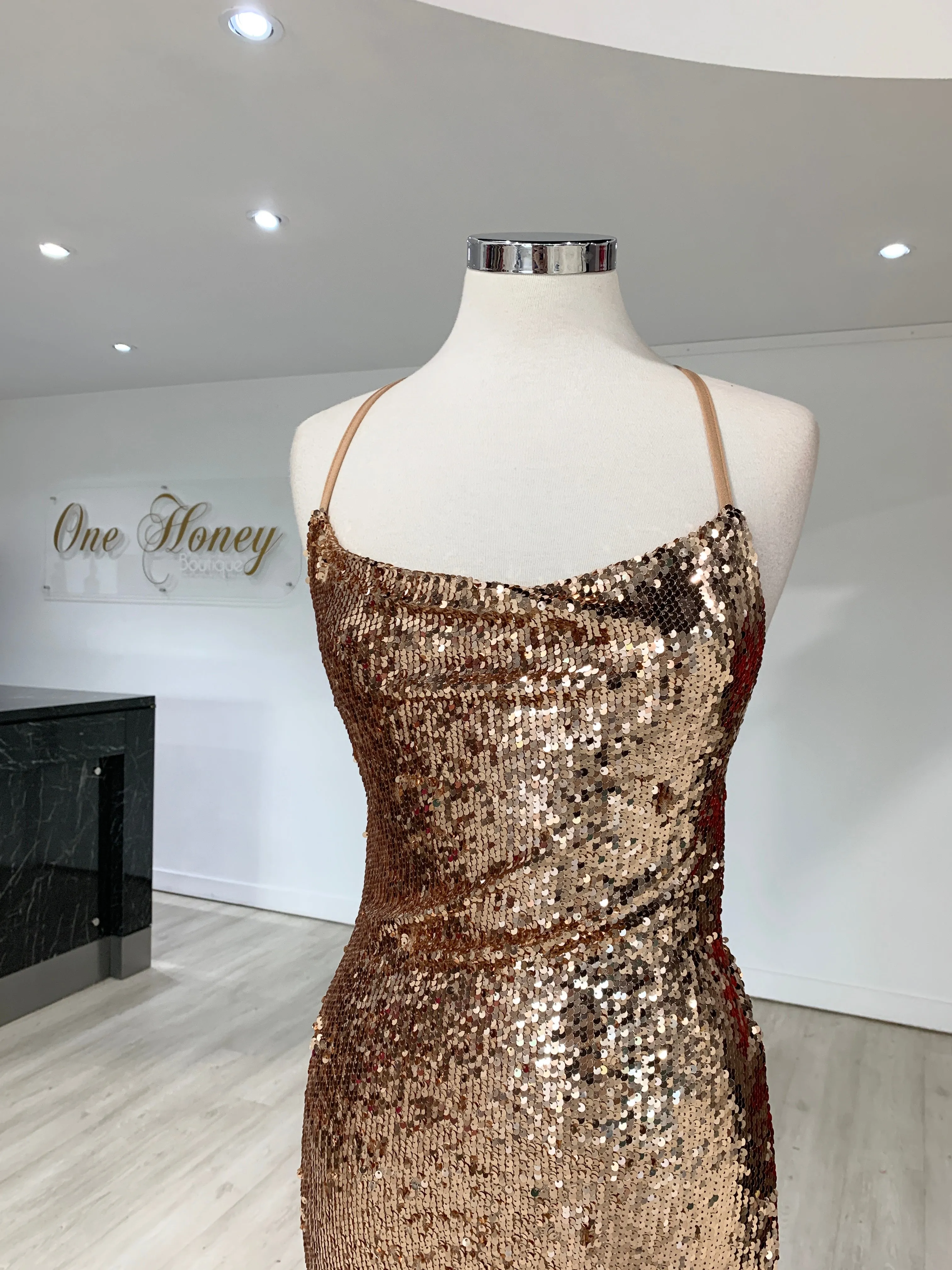 Honey Couture LIBERTY Gold Sequin Lace Up Formal Dress