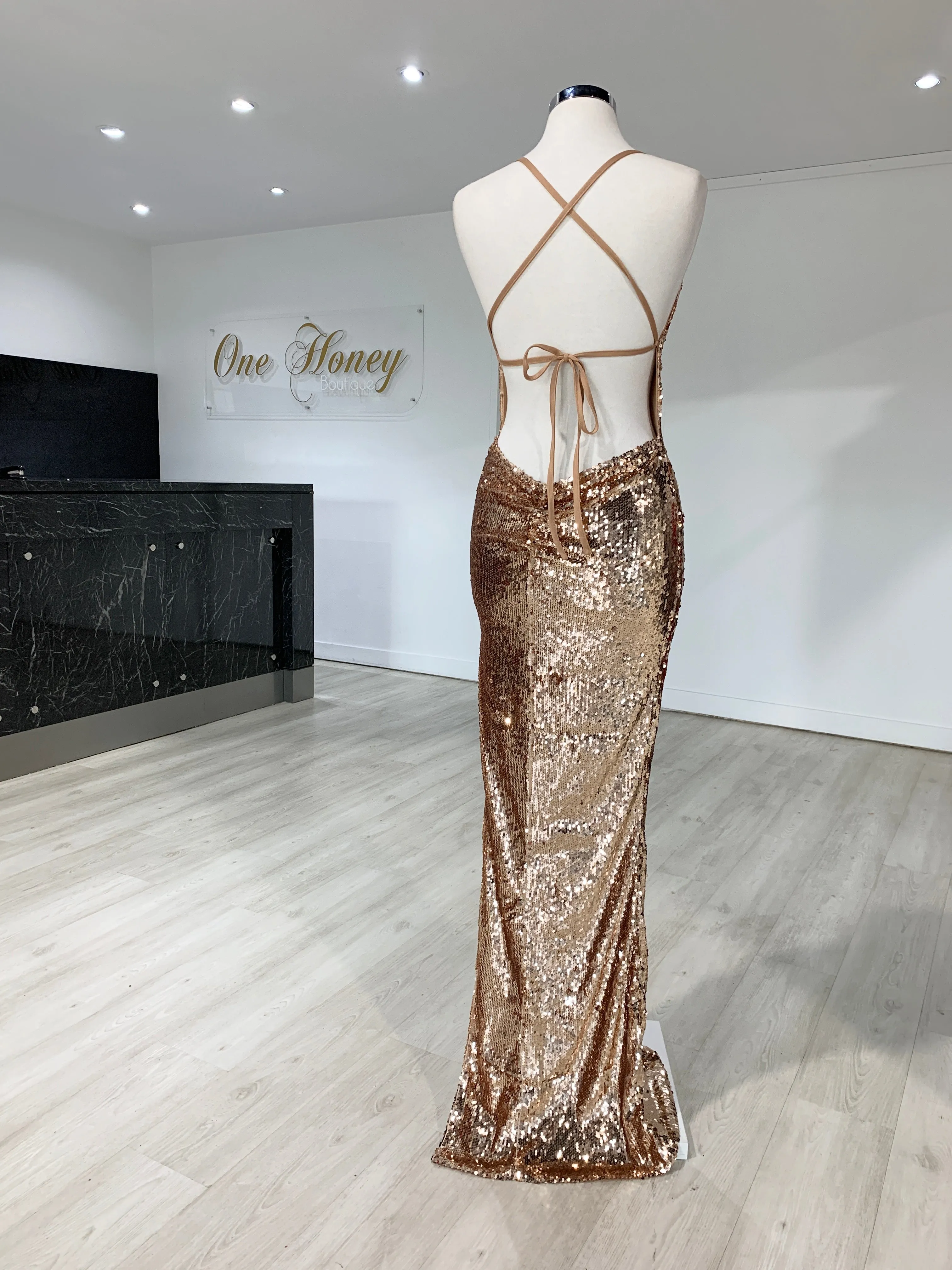 Honey Couture LIBERTY Gold Sequin Lace Up Formal Dress
