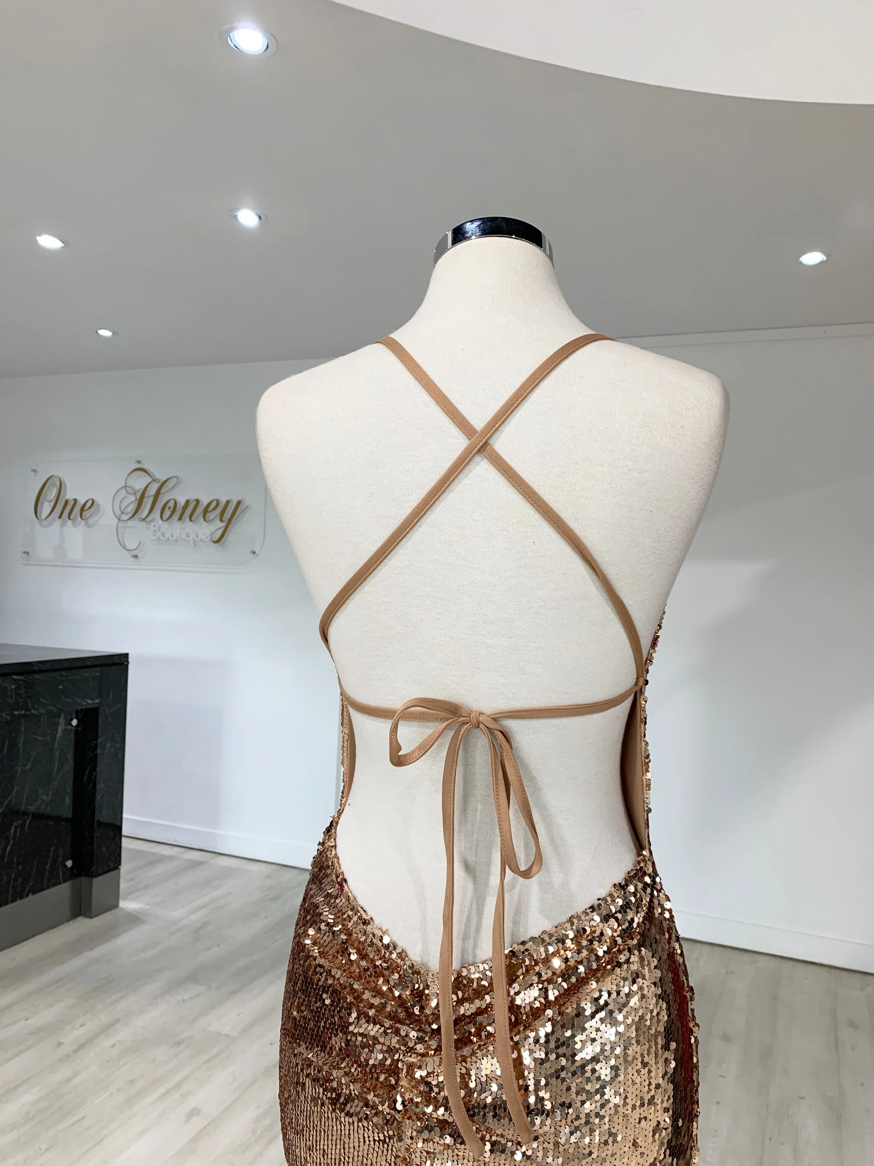 Honey Couture LIBERTY Gold Sequin Lace Up Formal Dress