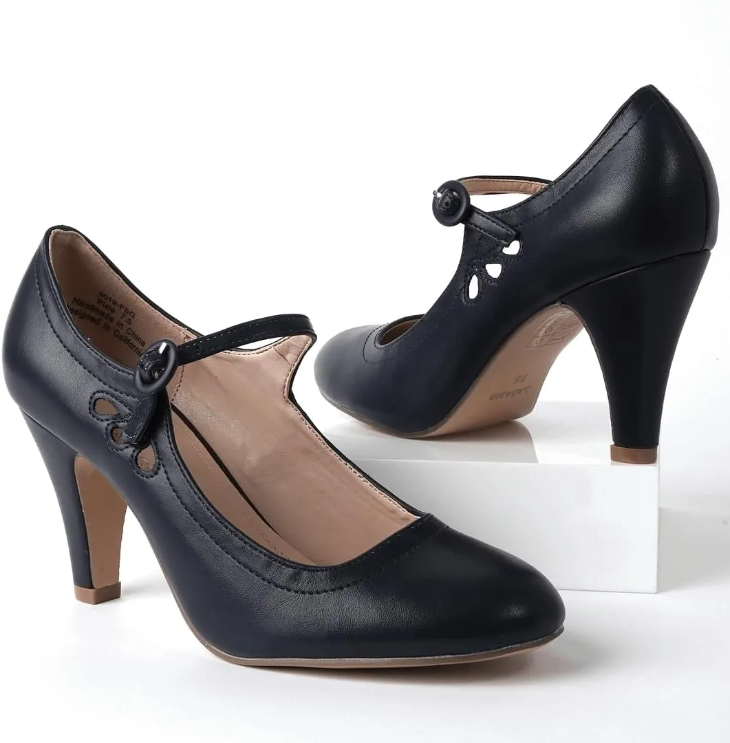 J. Adams Pixie Mary Jane Shoes Women Oxford Pumps - Cute Low Kitten High Heels - Retro Vintage Shoes for Women 1950s Mary Janes Round Toe Shoe with Ankle Strap - Women Dress Shoes