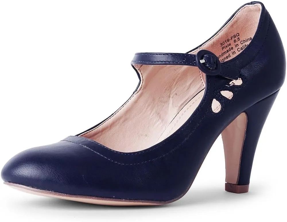 J. Adams Pixie Mary Jane Shoes Women Oxford Pumps - Cute Low Kitten High Heels - Retro Vintage Shoes for Women 1950s Mary Janes Round Toe Shoe with Ankle Strap - Women Dress Shoes