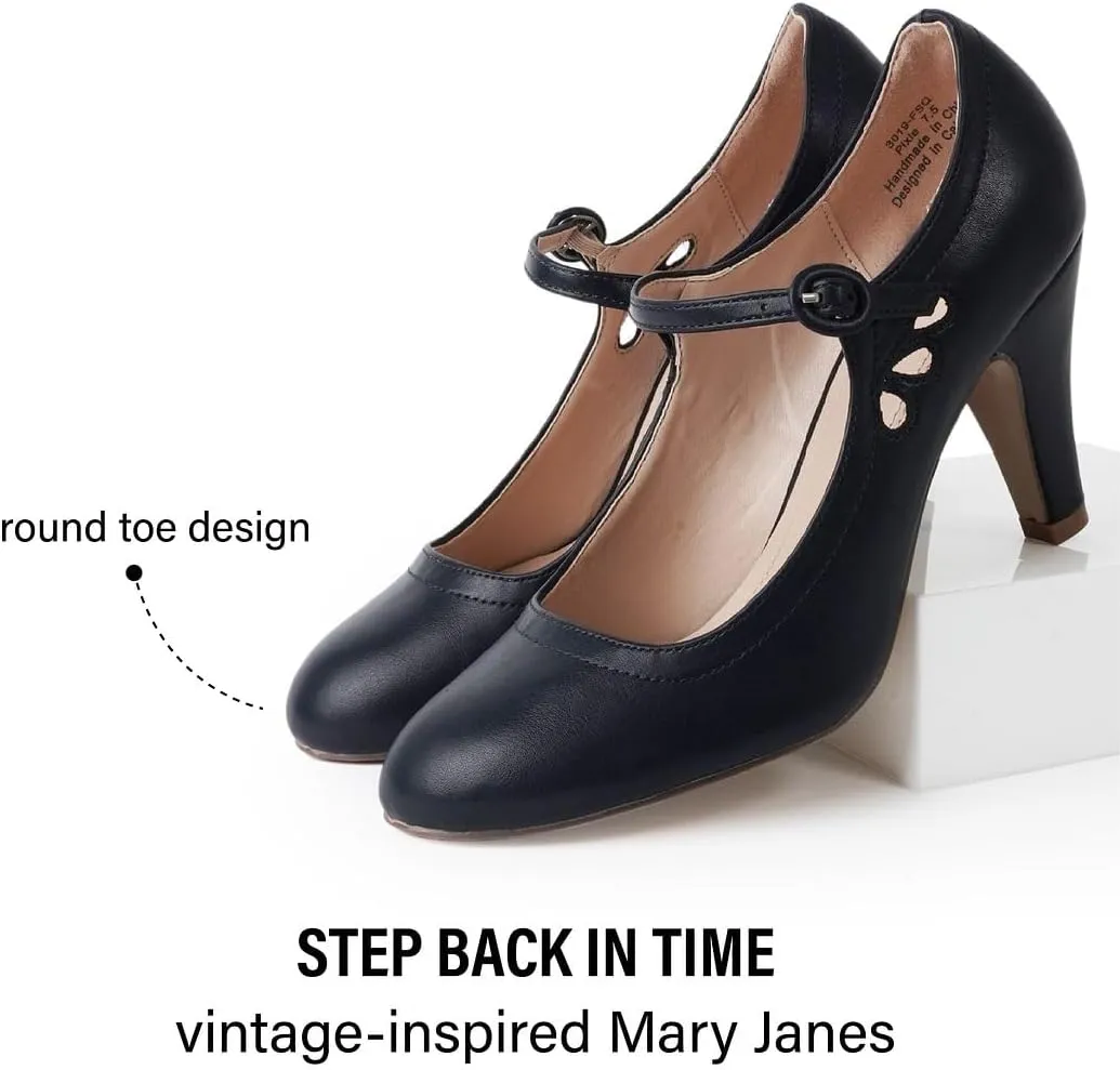 J. Adams Pixie Mary Jane Shoes Women Oxford Pumps - Cute Low Kitten High Heels - Retro Vintage Shoes for Women 1950s Mary Janes Round Toe Shoe with Ankle Strap - Women Dress Shoes