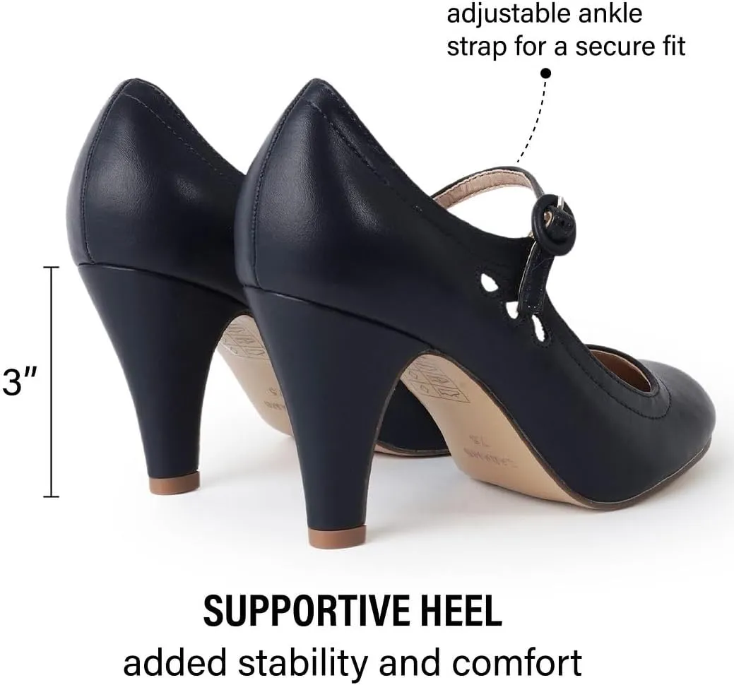 J. Adams Pixie Mary Jane Shoes Women Oxford Pumps - Cute Low Kitten High Heels - Retro Vintage Shoes for Women 1950s Mary Janes Round Toe Shoe with Ankle Strap - Women Dress Shoes