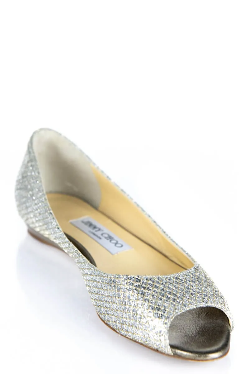 Jimmy Choo Silver & Gold Glitter Peep Toe Ballet Flats Size US 7 | IT 37