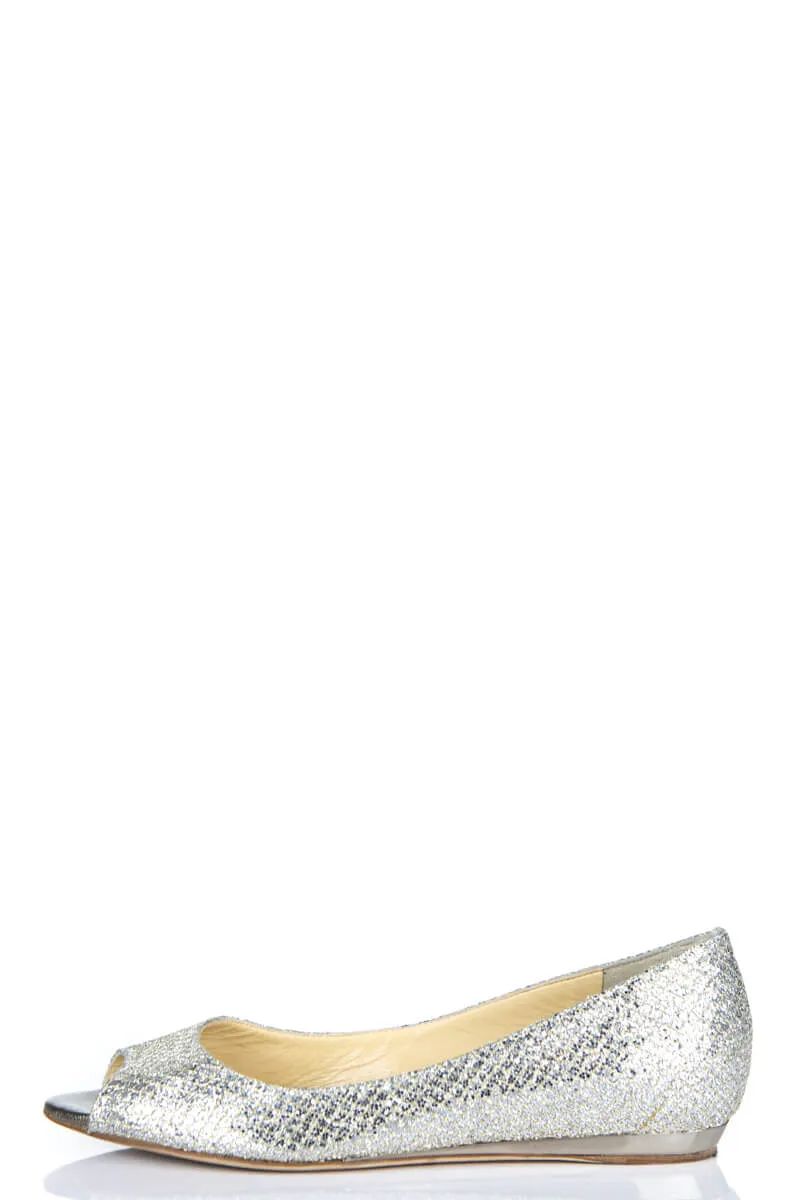 Jimmy Choo Silver & Gold Glitter Peep Toe Ballet Flats Size US 7 | IT 37