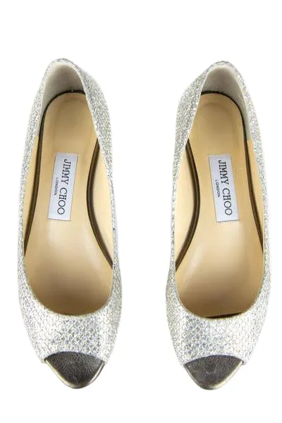 Jimmy Choo Silver & Gold Glitter Peep Toe Ballet Flats Size US 7 | IT 37