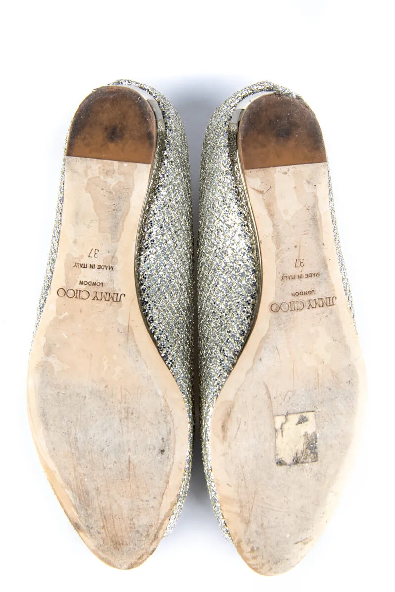 Jimmy Choo Silver & Gold Glitter Peep Toe Ballet Flats Size US 7 | IT 37