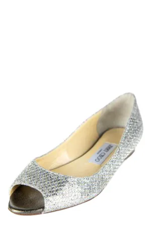 Jimmy Choo Silver & Gold Glitter Peep Toe Ballet Flats Size US 7 | IT 37