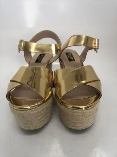 JUICY COUTURE ZEHILA GOLD FOLD WOMEN'S ESPADRILLE HEELS (SIZE 6.5) JC6