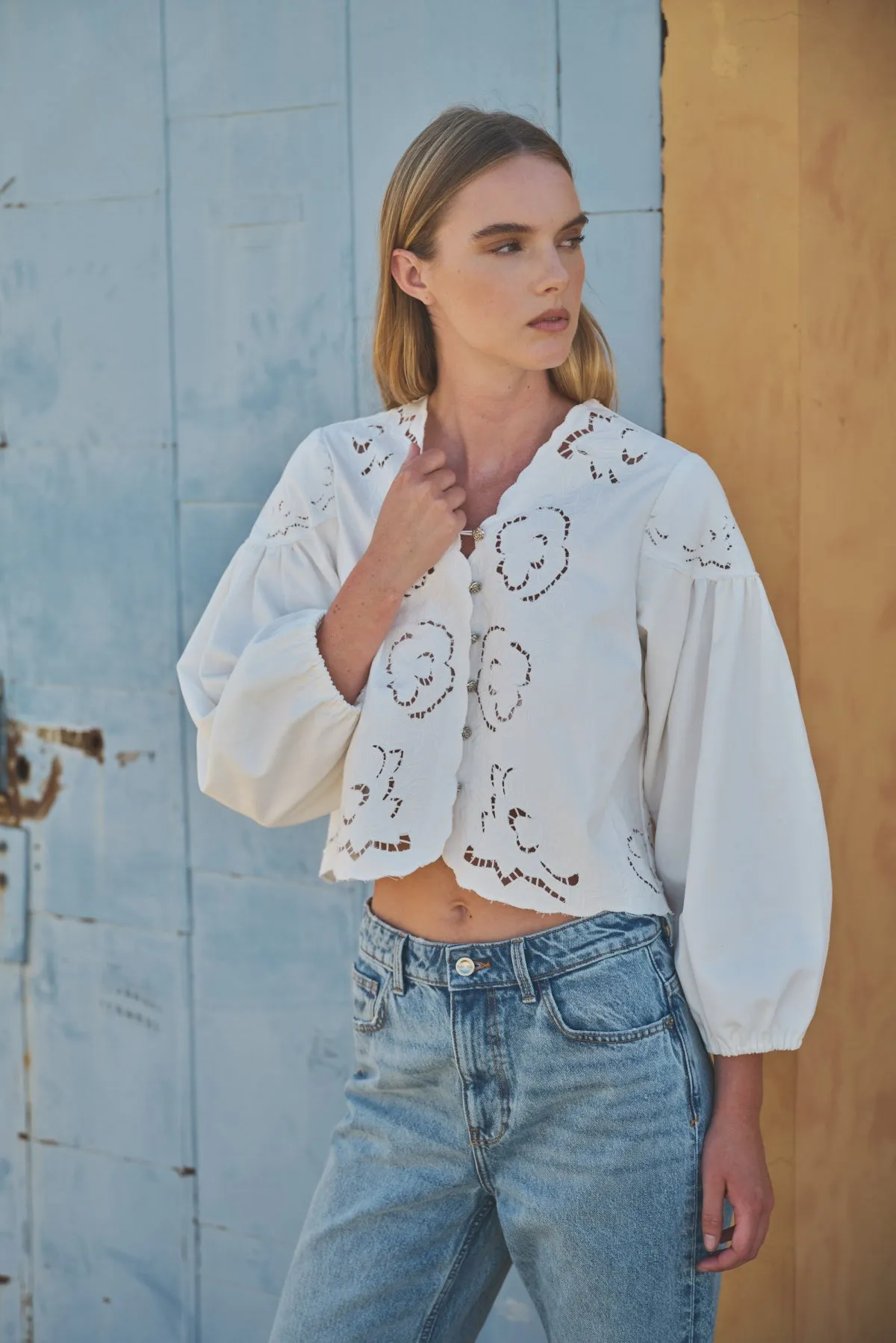 Julie Long Ballon Sleeve Button Down Embroidered Denim Top White