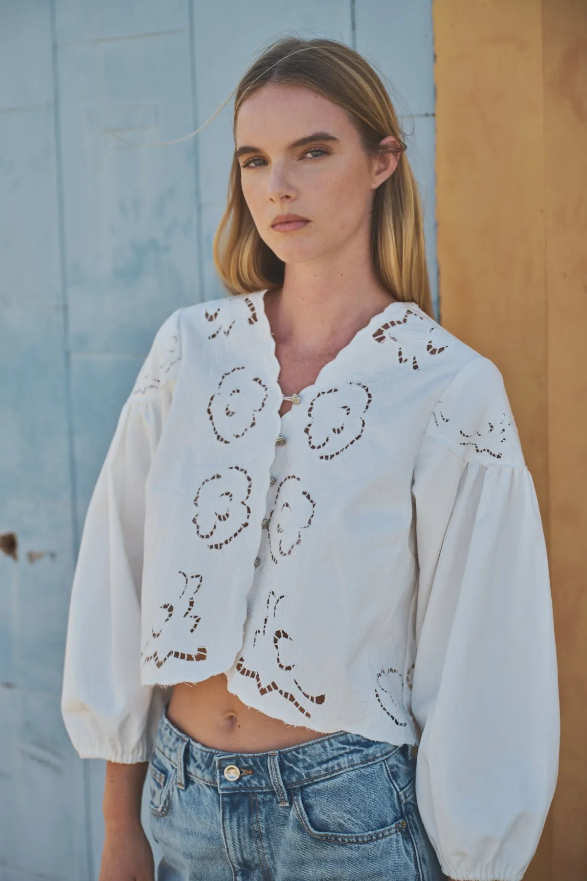Julie Long Ballon Sleeve Button Down Embroidered Denim Top White