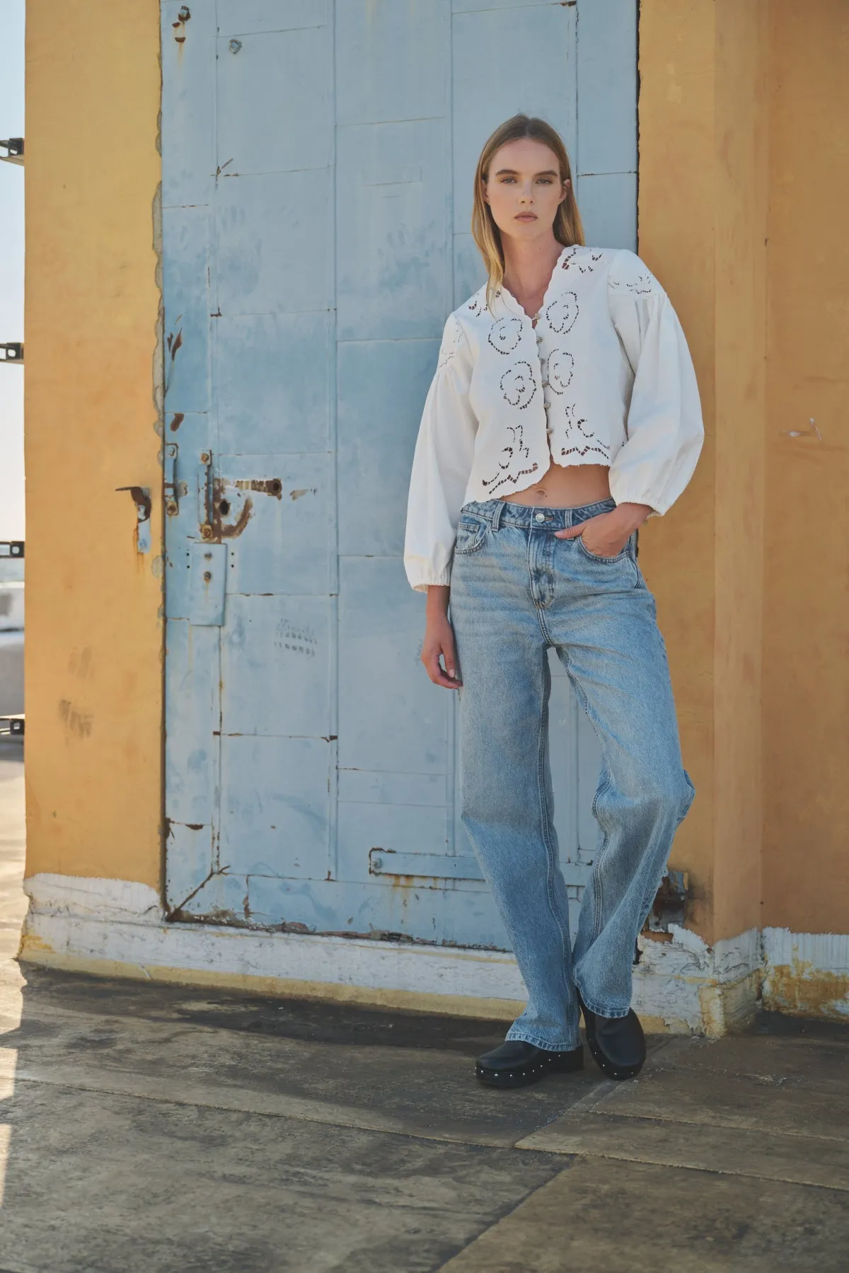 Julie Long Ballon Sleeve Button Down Embroidered Denim Top White