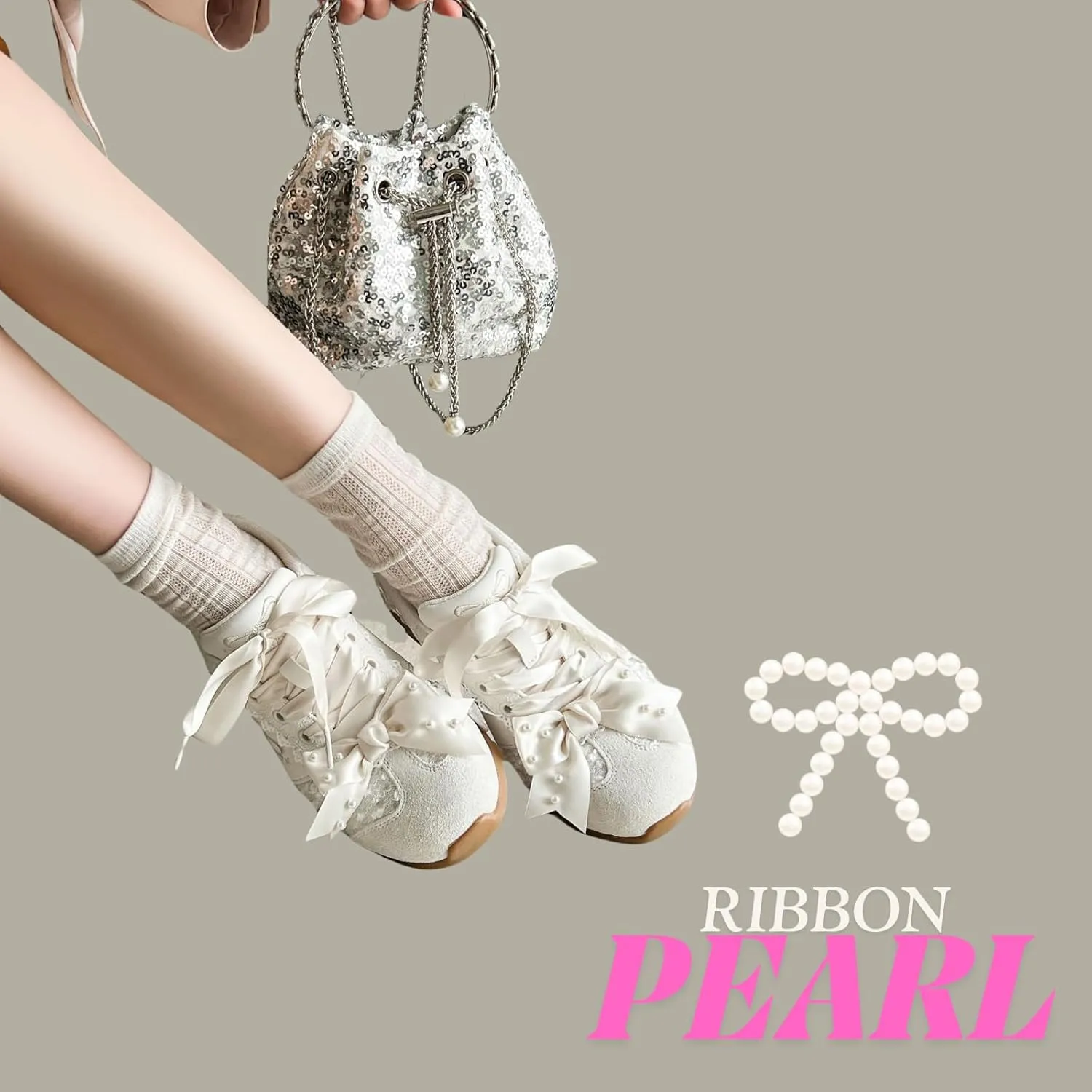 Kawaii Platform Shoes – Chunky Sneakers for Women, Aesthetic Ballet-Inspired Shoes with Bow & Pearls, Cute Fashion Backpack-Inspired Trainers