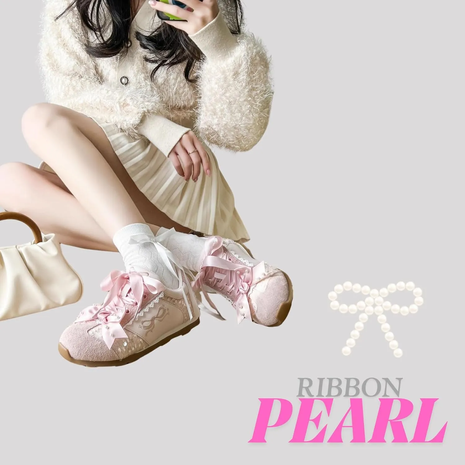 Kawaii Platform Shoes  Chunky Sneakers for Women, Aesthetic Ballet-Inspired Shoes with Bow & Pearls, Cute Fashion Backpack-Inspired Trainers