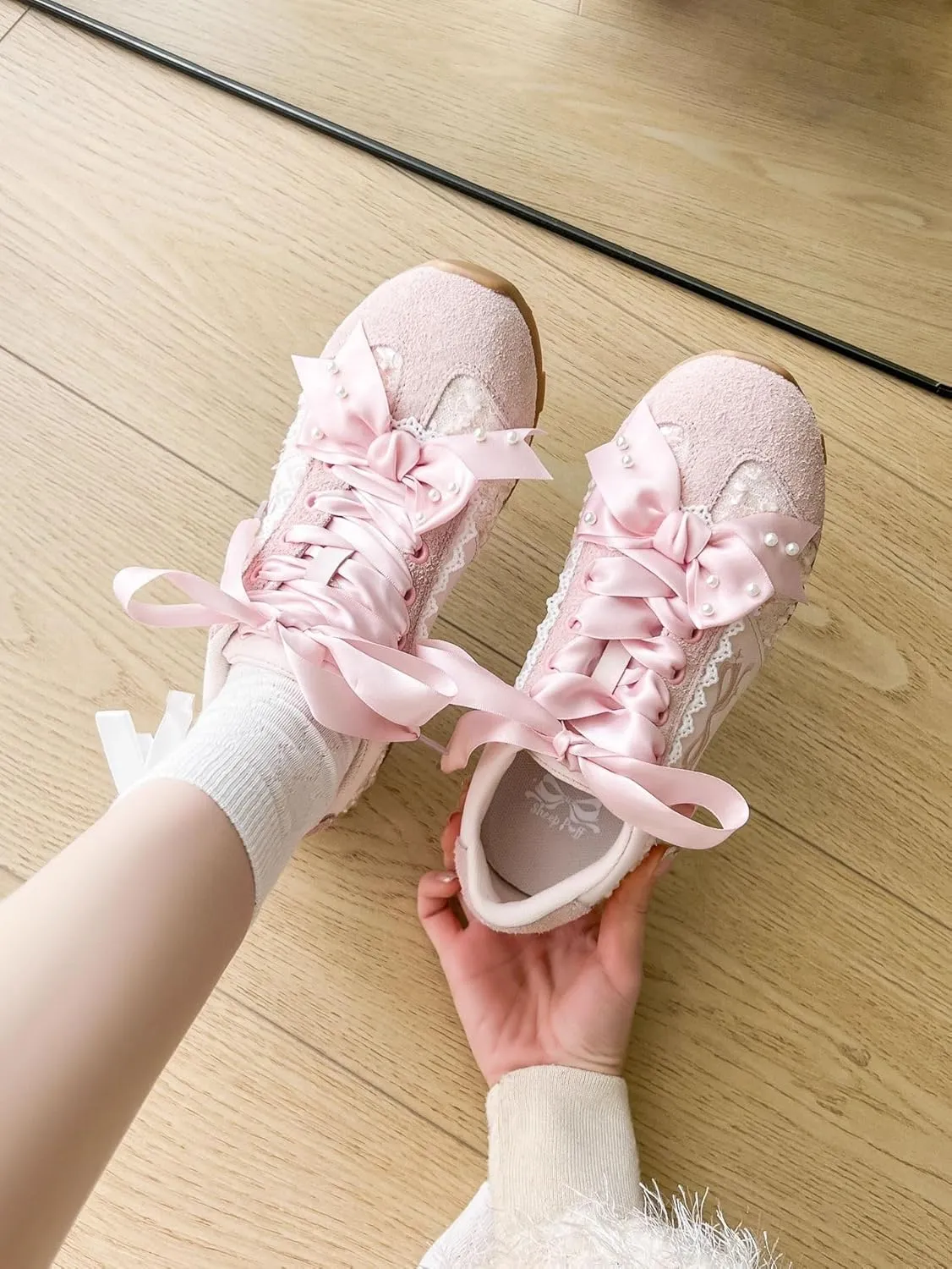 Kawaii Platform Shoes  Chunky Sneakers for Women, Aesthetic Ballet-Inspired Shoes with Bow & Pearls, Cute Fashion Backpack-Inspired Trainers