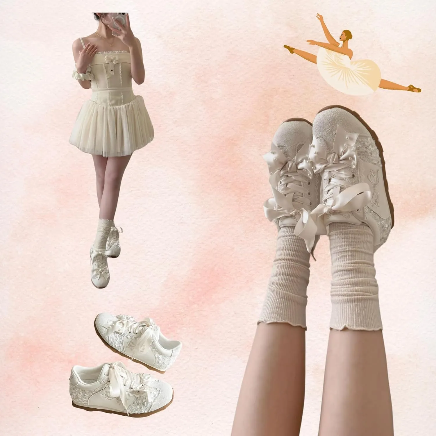 Kawaii Platform Shoes – Chunky Sneakers for Women, Aesthetic Ballet-Inspired Shoes with Bow & Pearls, Cute Fashion Backpack-Inspired Trainers