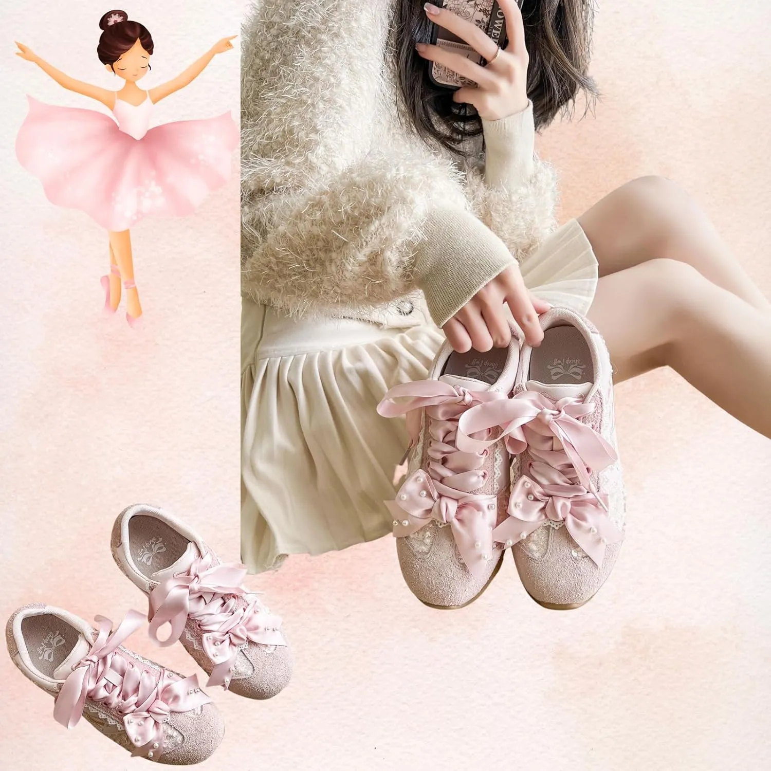 Kawaii Platform Shoes  Chunky Sneakers for Women, Aesthetic Ballet-Inspired Shoes with Bow & Pearls, Cute Fashion Backpack-Inspired Trainers