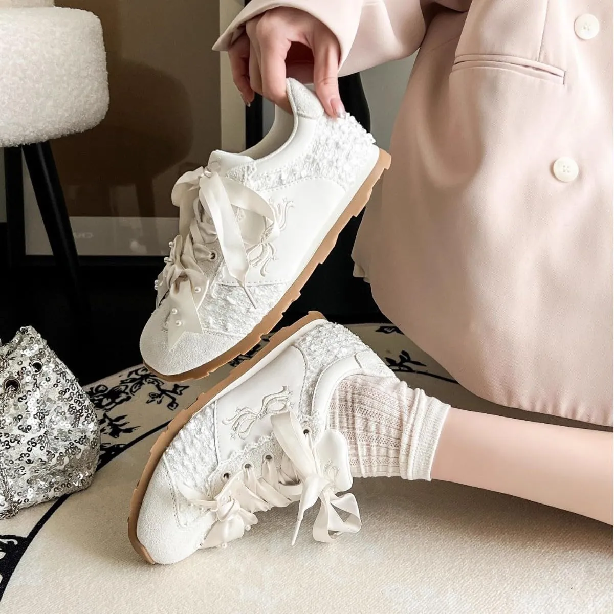 Kawaii Platform Shoes – Chunky Sneakers for Women, Aesthetic Ballet-Inspired Shoes with Bow & Pearls, Cute Fashion Backpack-Inspired Trainers