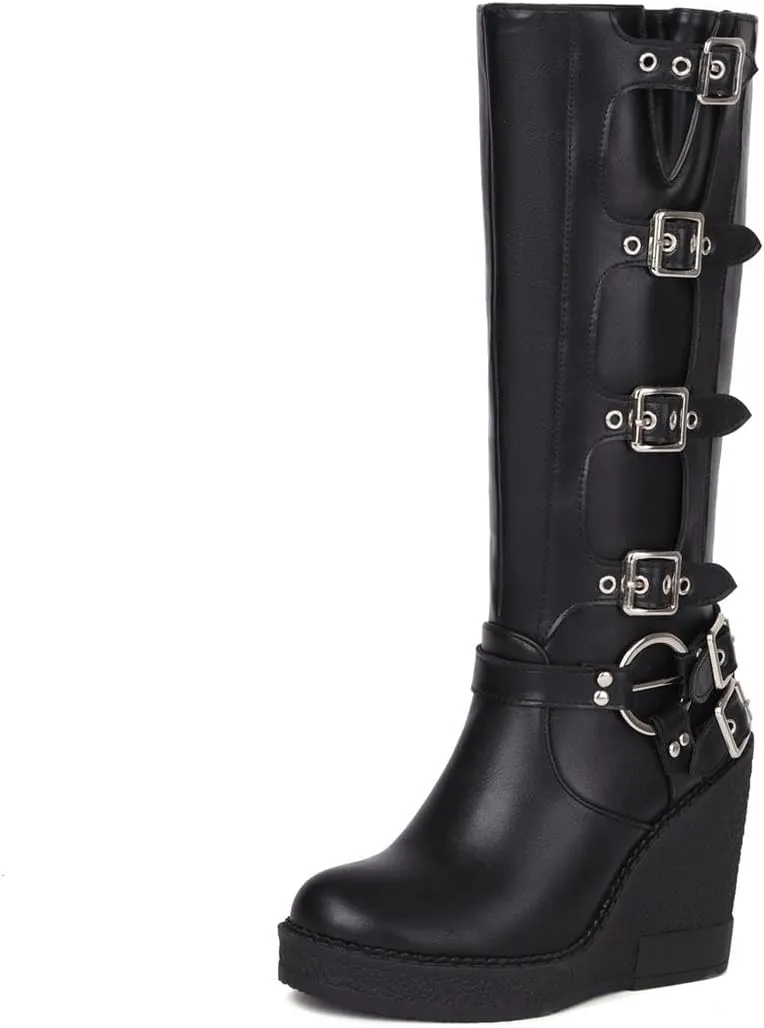 keleimusi Womens Black Gothic Wedge Mid Calf Boots Platform Buckled Knee High Shoes