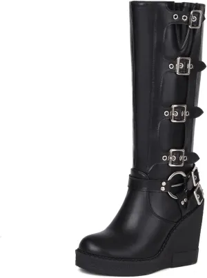keleimusi Womens Black Gothic Wedge Mid Calf Boots Platform Buckled Knee High Shoes
