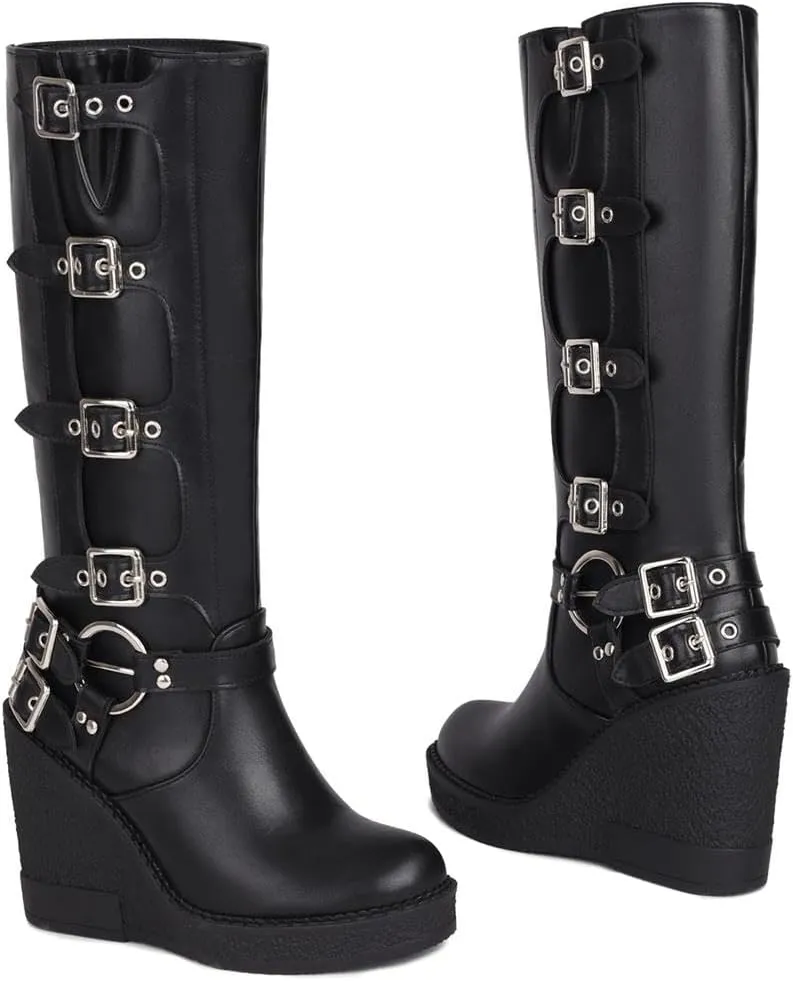keleimusi Womens Black Gothic Wedge Mid Calf Boots Platform Buckled Knee High Shoes
