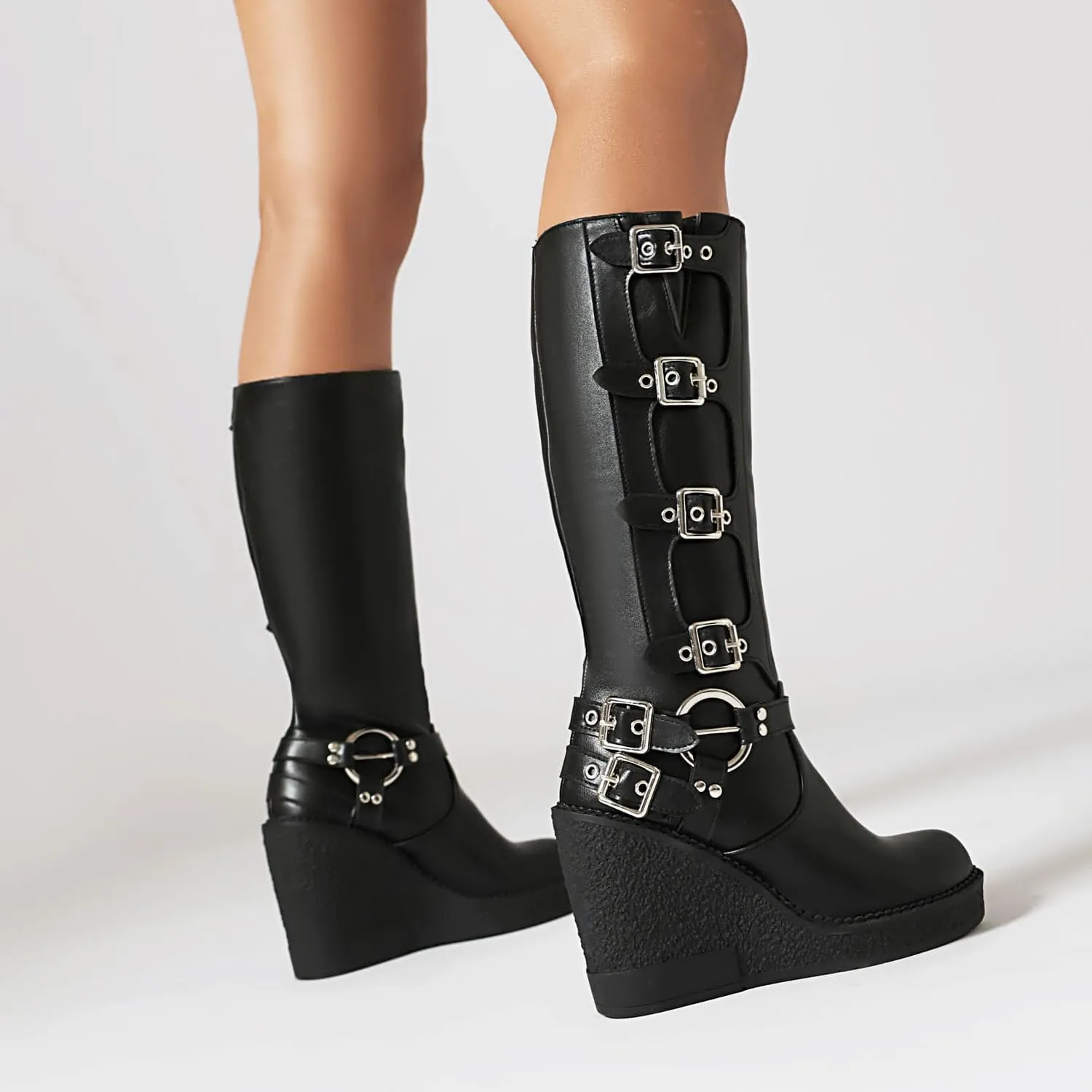 keleimusi Womens Black Gothic Wedge Mid Calf Boots Platform Buckled Knee High Shoes