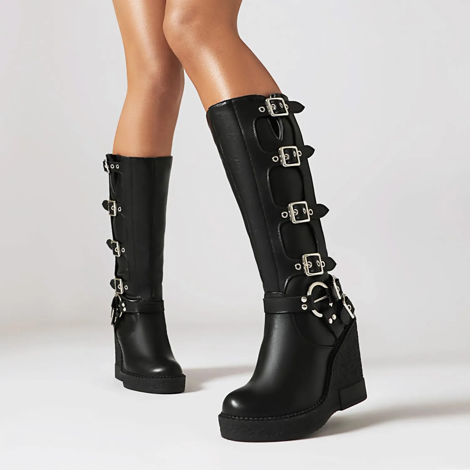 keleimusi Womens Black Gothic Wedge Mid Calf Boots Platform Buckled Knee High Shoes