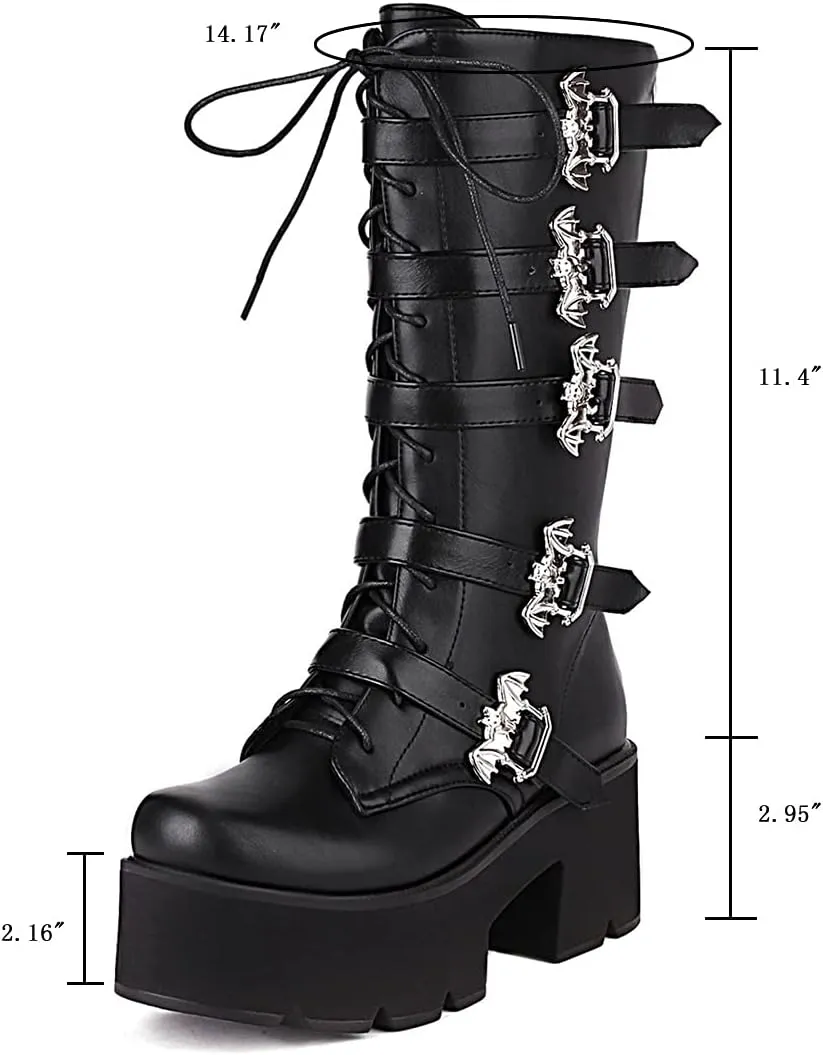 keleimusi Women's Mid Calf Gothic Platform Boots with Bat Buckles Black Tall Goth Boots Knee High Combat Boots 5 Buckle