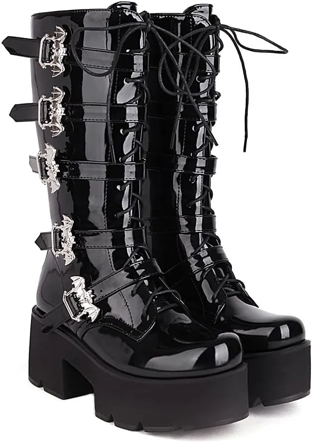 keleimusi Women's Mid Calf Gothic Platform Boots with Bat Buckles Black Tall Goth Boots Knee High Combat Boots 5 Buckle