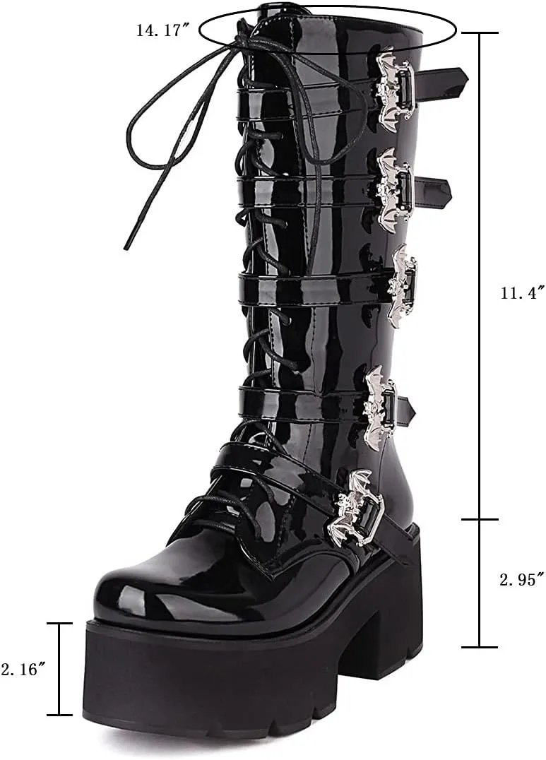 keleimusi Women's Mid Calf Gothic Platform Boots with Bat Buckles Black Tall Goth Boots Knee High Combat Boots 5 Buckle