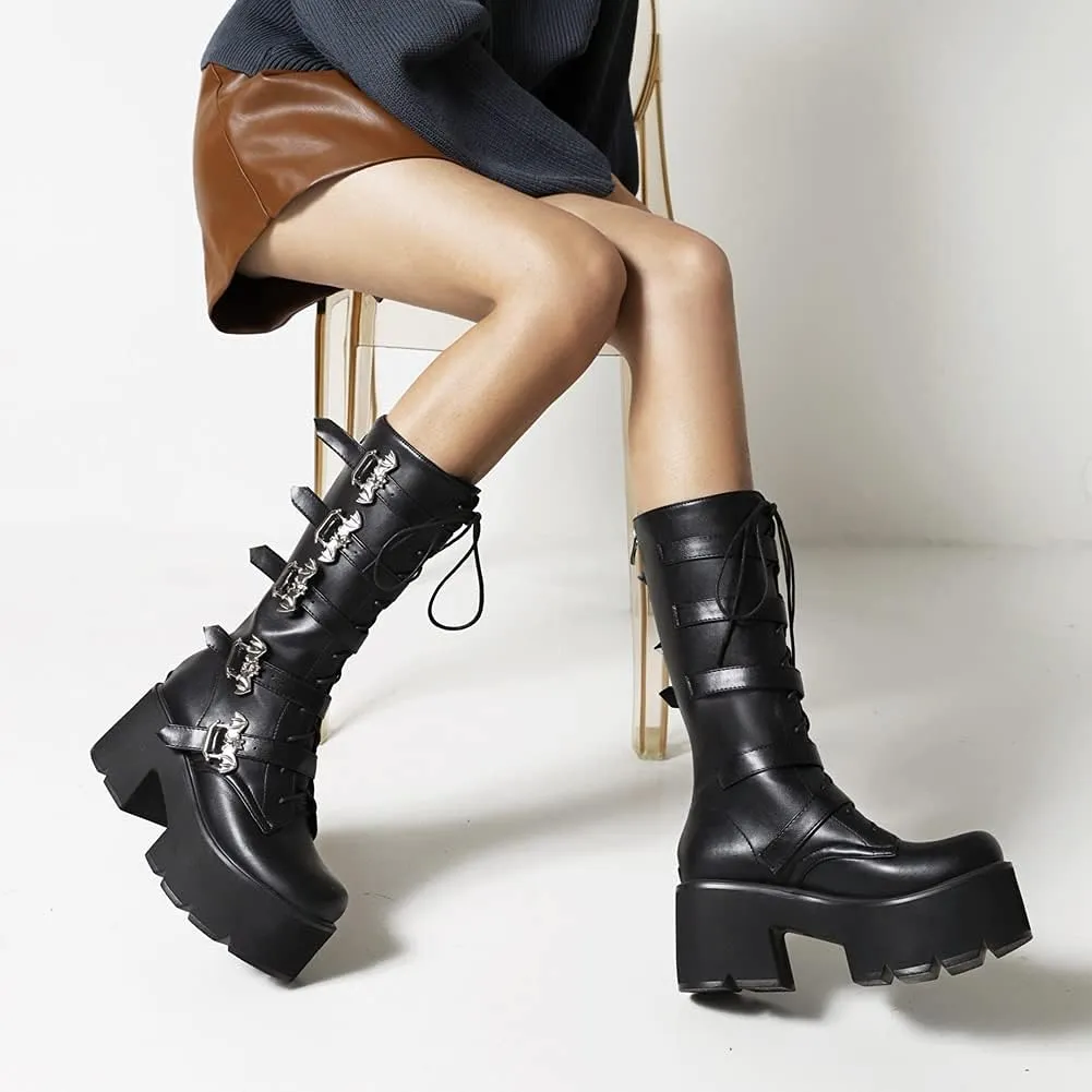 keleimusi Women's Mid Calf Gothic Platform Boots with Bat Buckles Black Tall Goth Boots Knee High Combat Boots 5 Buckle