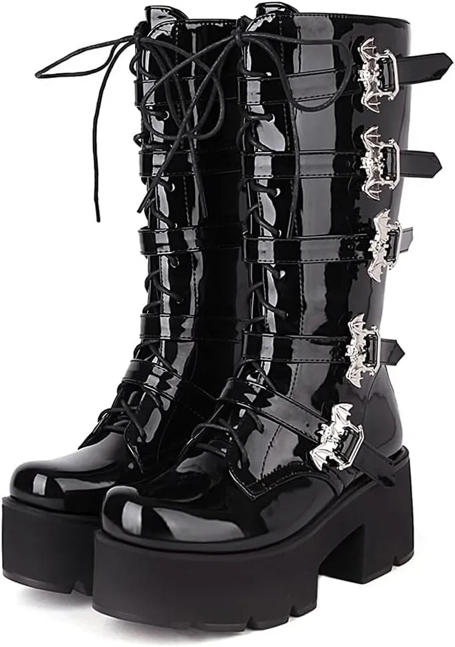 keleimusi Women's Mid Calf Gothic Platform Boots with Bat Buckles Black Tall Goth Boots Knee High Combat Boots 5 Buckle