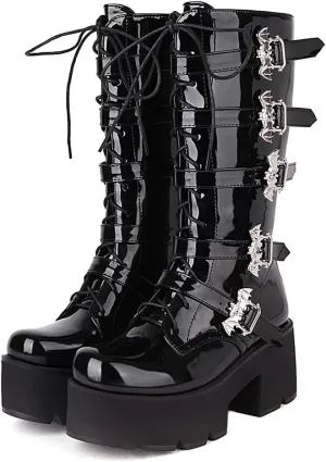 keleimusi Women's Mid Calf Gothic Platform Boots with Bat Buckles Black Tall Goth Boots Knee High Combat Boots 5 Buckle