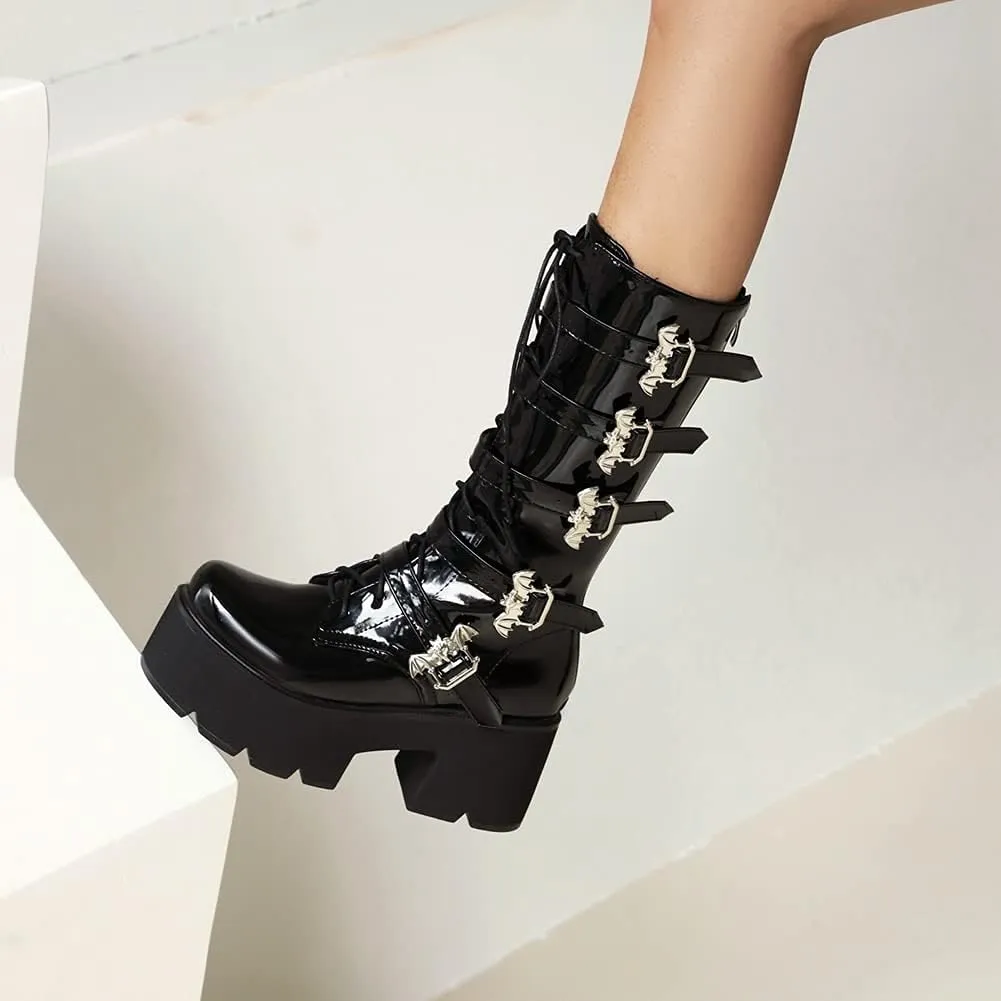 keleimusi Women's Mid Calf Gothic Platform Boots with Bat Buckles Black Tall Goth Boots Knee High Combat Boots 5 Buckle