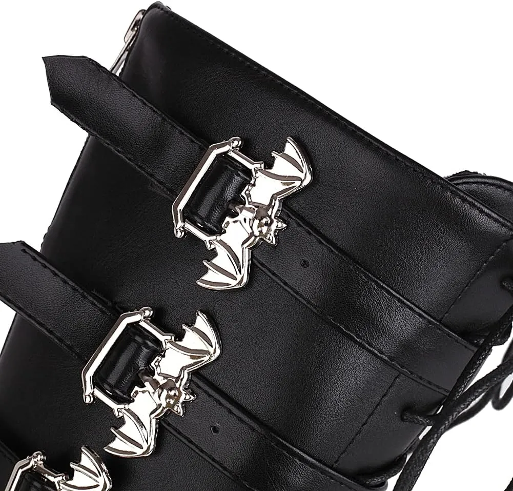 keleimusi Women's Mid Calf Gothic Platform Boots with Bat Buckles Black Tall Goth Boots Knee High Combat Boots 5 Buckle