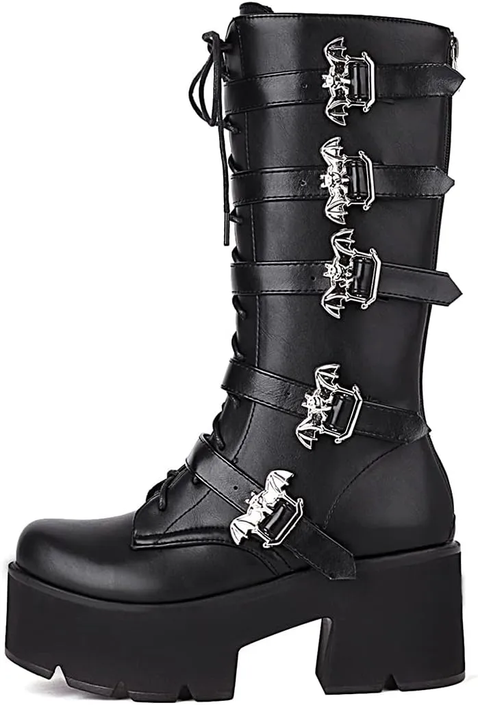 keleimusi Women's Mid Calf Gothic Platform Boots with Bat Buckles Black Tall Goth Boots Knee High Combat Boots 5 Buckle