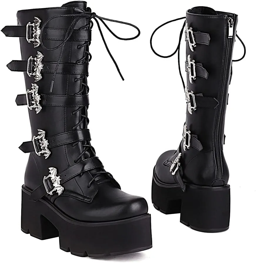 keleimusi Women's Mid Calf Gothic Platform Boots with Bat Buckles Black Tall Goth Boots Knee High Combat Boots 5 Buckle