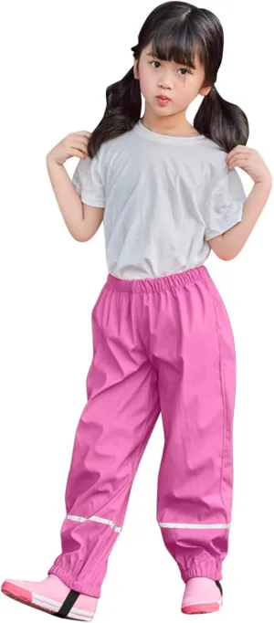 Kids Boys Girls Rain Pants Elastic Waist Mudproof Lightweight Adjustable Shoulder Straps Reflective Strips