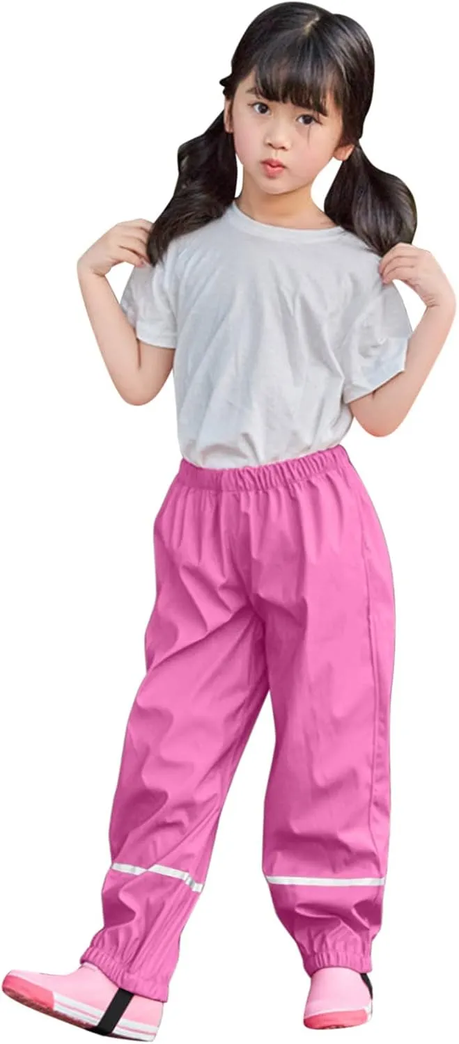 Kids Boys Girls Rain Pants Elastic Waist Mudproof Lightweight Adjustable Shoulder Straps Reflective Strips