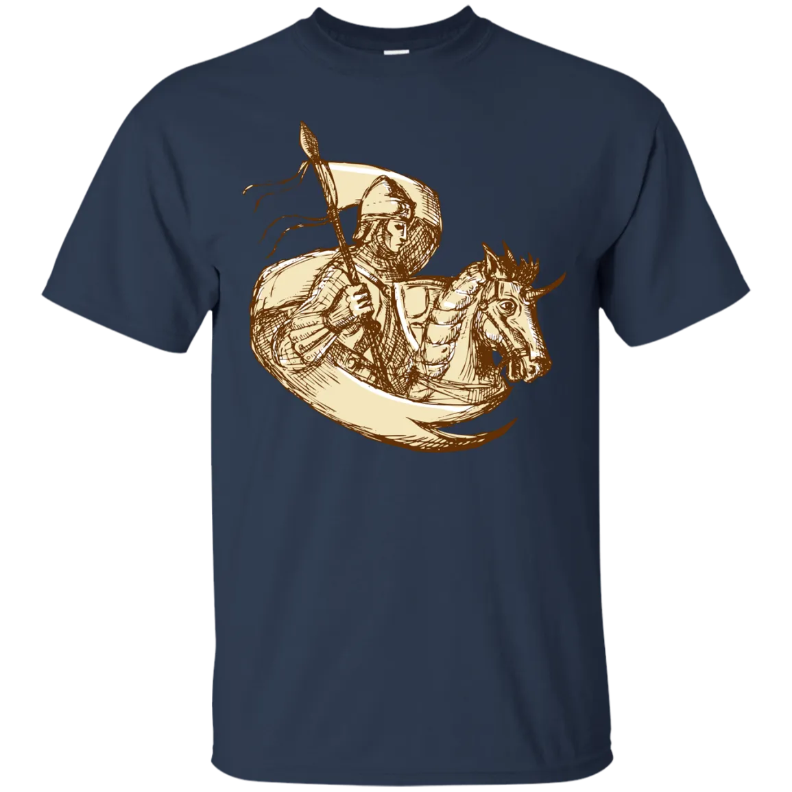 Knight On Horse Holding Flag Drawing T-Shirt