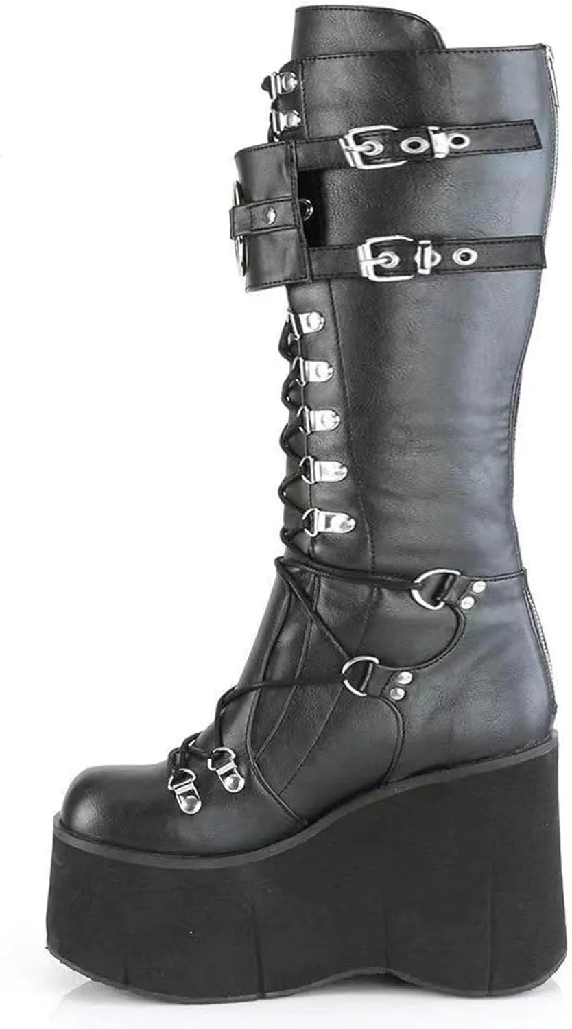 KOKOMOMO Womens Chains Goth Platform Boots Lace Up Chunky Heel Knee High Combat Military Boots