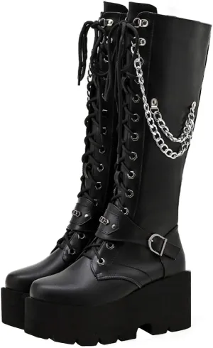 KOKOMOMO Womens Chains Goth Platform Boots Lace Up Chunky Heel Knee High Combat Military Boots