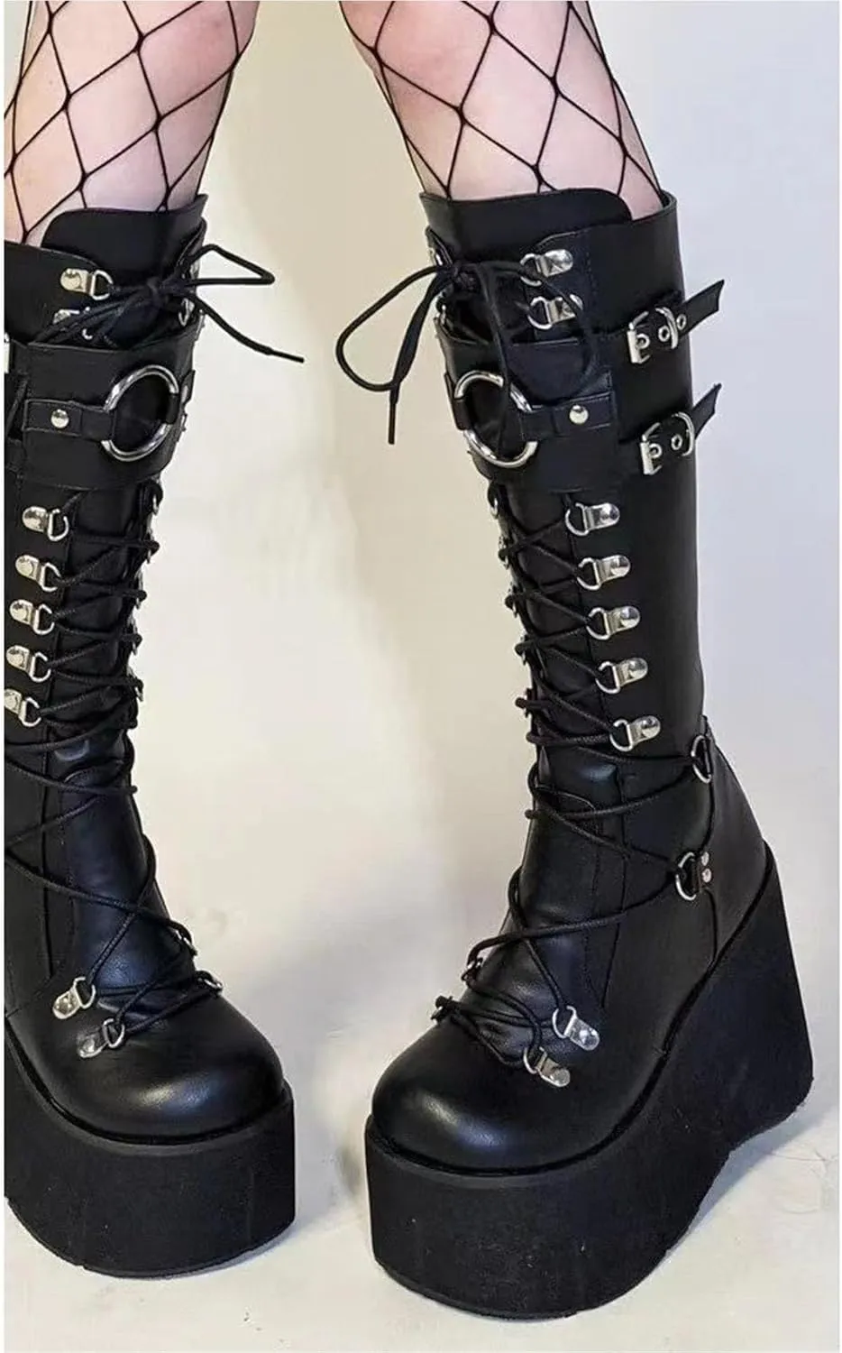 KOKOMOMO Womens Chains Goth Platform Boots Lace Up Chunky Heel Knee High Combat Military Boots