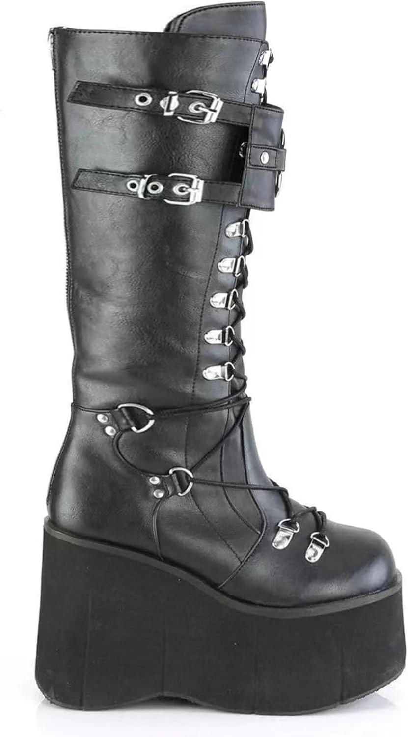 KOKOMOMO Womens Chains Goth Platform Boots Lace Up Chunky Heel Knee High Combat Military Boots